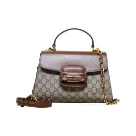 Gucci Horsebit 1955 Medium Top Handle Shoulder Bag in Beige and Ebony GG Supreme Canvas 702049