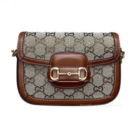 Gucci Horsebit 1955 GG Mini Chain Bag in Camel and Ebony GG Canvas with Crystals 675801