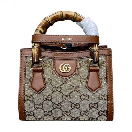 Gucci Diana Mini Chain Bamboo Tote Bag in Camel and Ebony GG Canvas with Crystals 675800
