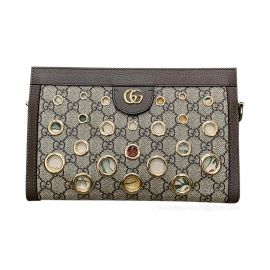 Gucci Ophidia GG Small Chain Shoulder Bag with Multi size Metal Eyelets in Beige and Ebony GG Supreme Canvas 503877
