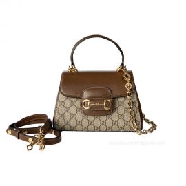 Gucci Horsebit 1955 Top Handle Bag in Beige GG Canvas and Light Brown Leather 703848