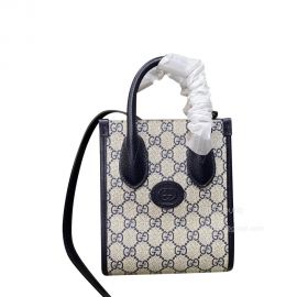 Gucci Mini Tote Shoulder Crossbody Bag with Interlocking G in Beige and Blue GG Supreme Canvas and Black Leather 671623
