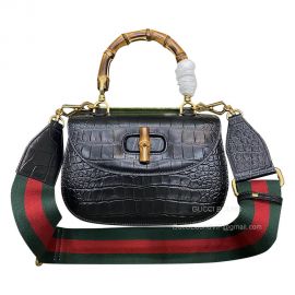 Gucci Bamboo 1947 Small Top Handle Bag in Black Crocodile Embossed Leather 675797 675797