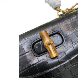 Gucci Bamboo 1947 Small Top Handle Bag in Black Crocodile Embossed Leather 675797 675797
