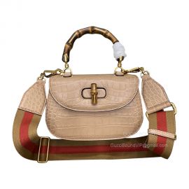 Gucci Bamboo 1947 Small Top Handle Bag in Beige Crocodile Embossed Leather 675797 675797