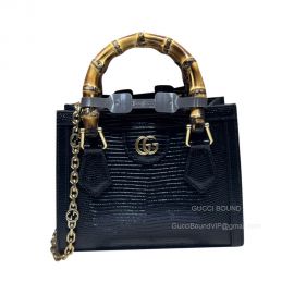 Gucci Diana Black Lizard Leather Mini Chain Tote Bag with Bamboo Top Handle 675800