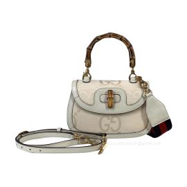 Gucci Bamboo 1947 Jumbo GG Small Top Handle Bag in Beige and White GG Supreme Canvas 675797
