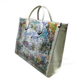 Gucci Tiger Medium Tote Shoulder Bag in Tiger and Flower Print Off White Leather 687827
