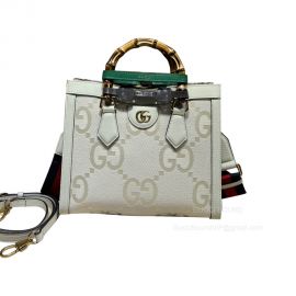 Gucci Diana Small Tote Shoulder Bag in Beige and White Jumbo GG Supreme Canvas and White Leather 702721