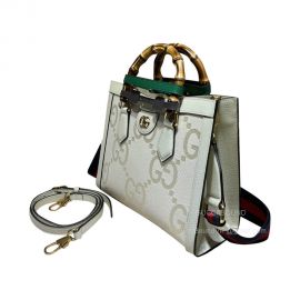 Gucci Diana Small Tote Shoulder Bag in Beige and White Jumbo GG Supreme Canvas and White Leather 702721