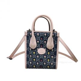 Gucci Mini Tote Shoulder Bag with Interlocking G in Blue and Ivory GG Denim with Floral Embroidery 671623