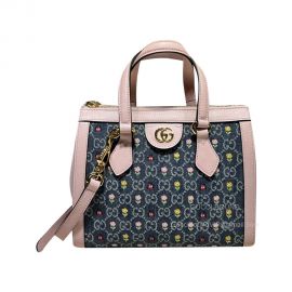 Gucci Ophidia Small GG Tote Shoulder Bag in Blue and Ivory GG Denim with Floral Embroidery 547551