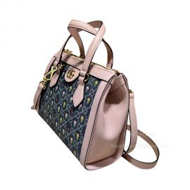 Gucci Ophidia Small GG Tote Shoulder Bag in Blue and Ivory GG Denim with Floral Embroidery 547551