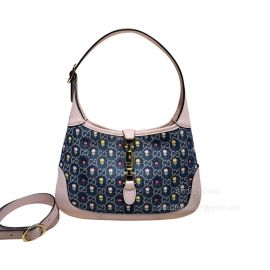 Gucci Jackie 1961 Small Hobo Shoulder Bag in Blue and Ivory GG Denim with Floral Embroidery 636706