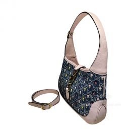 Gucci Jackie 1961 Small Hobo Shoulder Bag in Blue and Ivory GG Denim with Floral Embroidery 636706