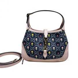 Gucci Jackie 1961 Mini Hobo Shoulder Bag in Blue and Ivory GG Denim with Floral Embroidery 637092