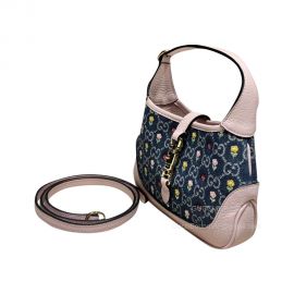 Gucci Jackie 1961 Mini Hobo Shoulder Bag in Blue and Ivory GG Denim with Floral Embroidery 637092