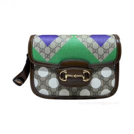 Gucci Horsebit 1955 Shoulder Bag with Geometric Print in Beige and Ebony GG Supreme Canvas 602204