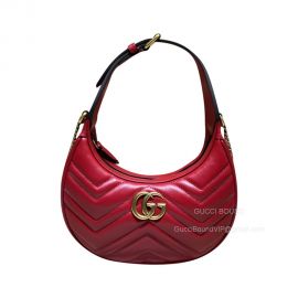 Gucci GG Marmont Half Moon Shaped Mini Bag with Chain in Red Matelasse Chevron Leather 699514