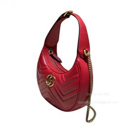 Gucci GG Marmont Half Moon Shaped Mini Bag with Chain in Red Matelasse Chevron Leather 699514