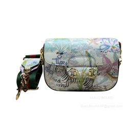 Gucci Tiger Horsebit 1955 Mini Crossbody Bag in Tiger and Flower Print Off White Leather 677266