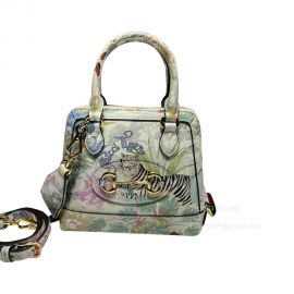 Gucci Tiger Horsebit 1955 Mini Tote Shoulder Bag in Tiger and Flower Print Off White Leather 677212