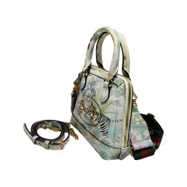 Gucci Tiger Horsebit 1955 Mini Tote Shoulder Bag in Tiger and Flower Print Off White Leather 677212