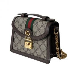 Gucci Ophidia GG Mini Shoulder Bag with Top Handle in Beige and Ebony GG Supreme Canvas 696180