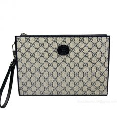 Gucci Zip Wristlet Pouch in Beige and Blue GG Supreme Canvas 672953