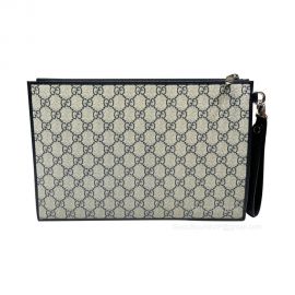 Gucci Zip Wristlet Pouch in Beige and Blue GG Supreme Canvas 672953