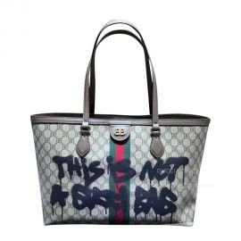 Gucci x Balenciaga BB Supreme Monogram Web Graffiti Medium Ophidia Tote Bag Beige 680125