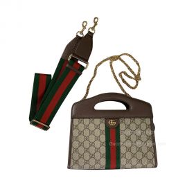 Gucci Ophidia Small Tote Bag with Web Chain in Beige Ebony GG Supreme Canvas and Brown Leather 693724