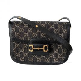 Gucci Shoulder Bag Gucci Horsebit 1955 Crossbody Bag in Black Leather and GG Denim Jacquard 602204