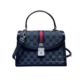 Gucci Top Handle Bag Gucci Hacker Small Handbag Shoulder Bag in Black and Dark Grey Canvas Jacquard 680119