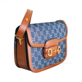 Gucci Shoulder Gucci Horsebit 1955 Shoulder Bag in Denim Blue GG and Tan Leather 602204