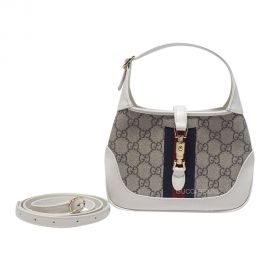 Gucci Jackie 1961 Mini Hobo Shoulder Bag in Beige Ebony GG Supreme Canvas and White Leather 637092