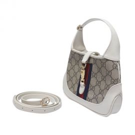 Gucci Jackie 1961 Mini Hobo Shoulder Bag in Beige Ebony GG Supreme Canvas and White Leather 637092