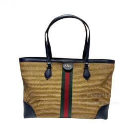 Gucci Tote Gucci Ophidia Medium Tote Bag with Houses Web Stripe in Camel Straw Effect Fabric 631685