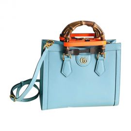 Gucci Tote Gucci Diana Small Tote Bag with Bamboo Handle and Double G in Light Blue Calfskin Leather 660195