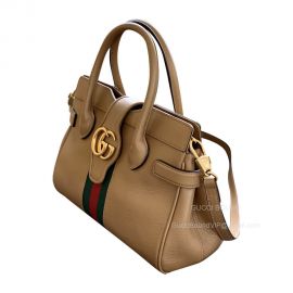 Gucci Top Handle Gucci Small Top Handle Bag with Double G and Web in Beige Leather 658450