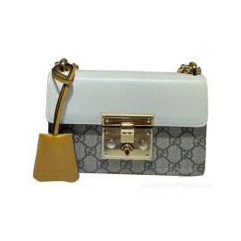 Gucci Padlock Small Shoulder Chain Bag in Beige and Ebony GG Supreme Canvas and White Leather 409487