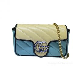 Gucci GG Marmont Super Mini Chain Shoulder Bag in Beige Blue Diagonal Matelasse Leather 574969