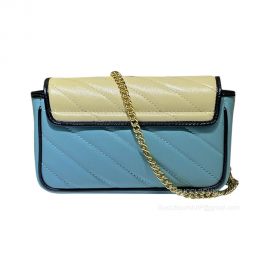 Gucci GG Marmont Super Mini Chain Shoulder Bag in Beige Blue Diagonal Matelasse Leather 574969