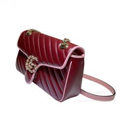 Gucci GG Marmont Small Chain Shoulder Bag in Bright Burgundy Diagonal Matelasse Leather 443497