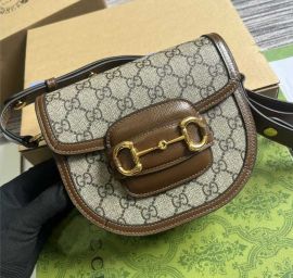 Gucci Beige GG Canvas and Brown Leather Horsebit 1955 Mini Rounded Shoulder Bag 760191
