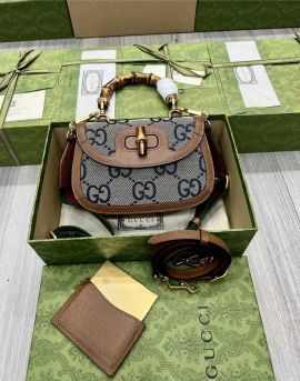 Gucci Bamboo 1947 Jumbo GG Small Top Handle Bag Blue GG Canvas and Brown Leather 675797