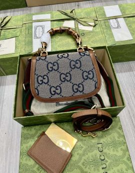 Gucci Bamboo 1947 Jumbo GG Small Top Handle Bag Blue GG Canvas and Brown Leather 675797