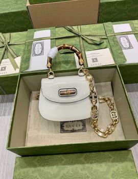 Gucci Bamboo 1947 Mini Top Handle Bag with Crystal Interlocking G White Patent Leather 724641