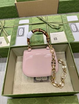 Gucci Bamboo 1947 Mini Top Handle Bag with Crystal Interlocking G Pink Patent Leather 724641