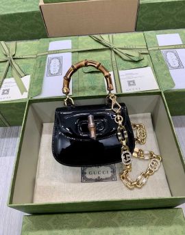 Gucci Bamboo 1947 Mini Top Handle Bag with Crystal Interlocking G Black Patent Leather 724641